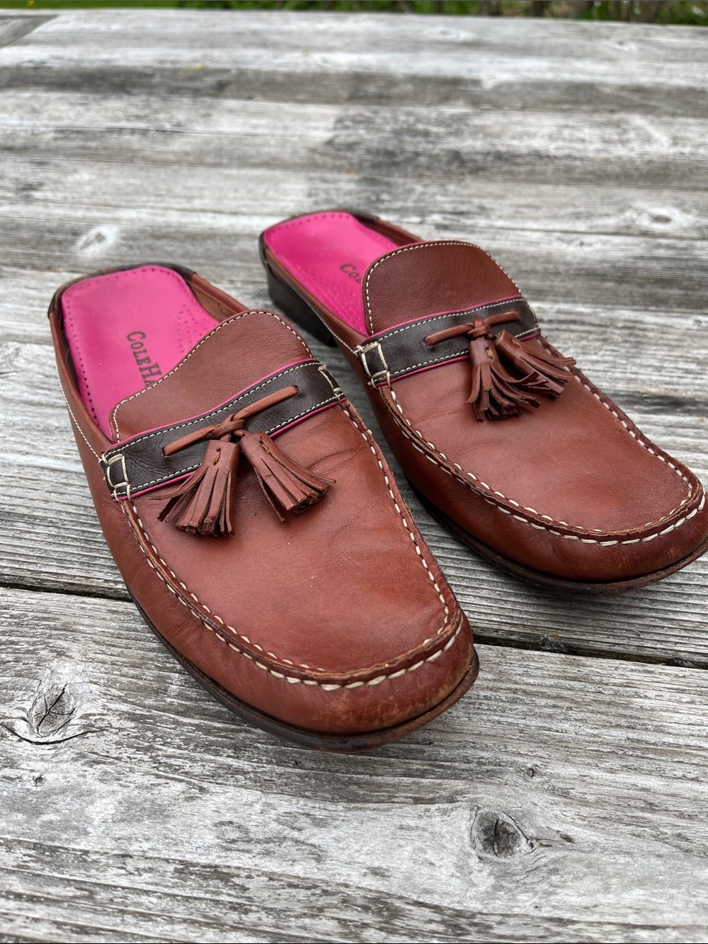 Cole Haan Brown Leather Tassel Mule Loafers with Pink Insole